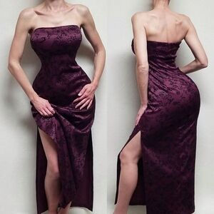 Vintage 80s Rampage Plum Purple Black Metallic Velvet Floral Embossed Maxi Dress
